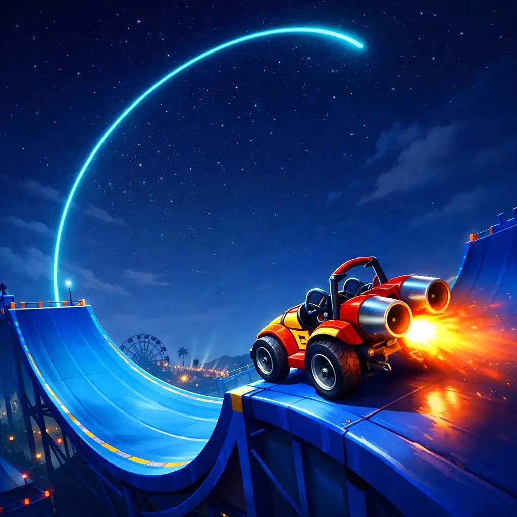 Rakietowy wózek Fly Cart przygotowany do startu na nocnej rampie