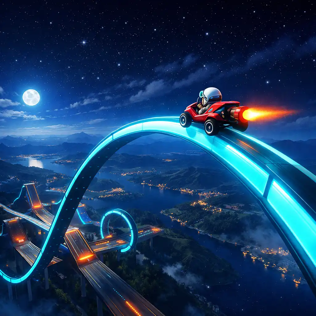 Rakietowy wózek Fly Cart leci wysoko po cyjanowym łuku nad rampami nocnego krajobrazu