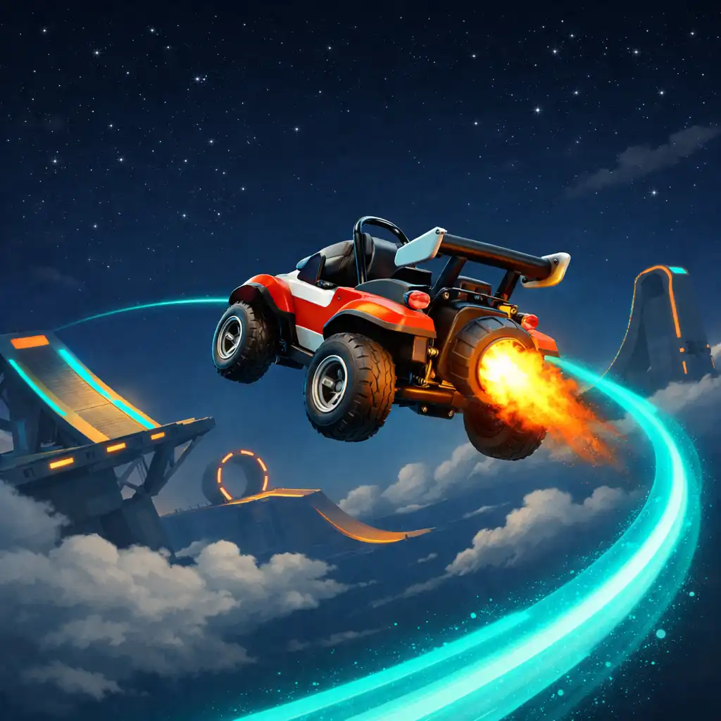 Rakietowy wózek Fly Cart podczas łagodnej korekty w powietrzu na tle nocnego nieba